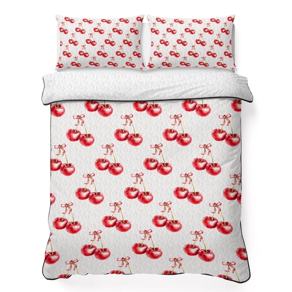 King Quilt Bedding Set, Red Cherry Fruit Seamless Soft Microfiber Summer Bedspread Coverlet with 2 Pillow Shams for All Season, Food Focus Breathable Bedding Set for Hot Sleepers