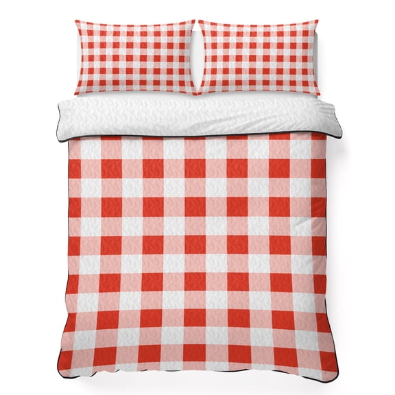 King Quilt Bedding Set, Red Gingham Check Soft Microfiber Summer Bedspread Coverlet with 2 Pillow Shams for All Season, Gradient Buffalo Plaid Breathable Bedding Set for Hot Sleepers