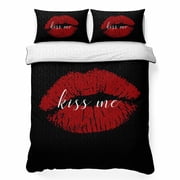 King Quilt Bedding Set, Red Lip Print Kiss Me 3 Piece Bedding Set Lightweight Breathable Quilt with 2 Pillow Shams, Black Back Soft Microfiber Summer Comforter for Hot Sleepers