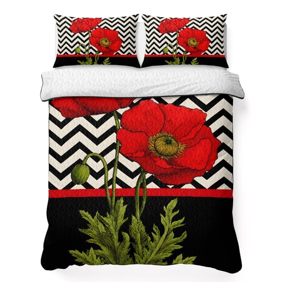 King Quilt Bedding Set, Red Poppy Flower Retro Boho Soft Microfiber Summer Bedspread Coverlet with 2 Pillow Shams for All Season, Abstract Black Herringbone Breathable Bedding Set for Hot Sleepers