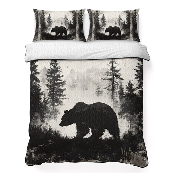 King Quilt Bedding Set, Retro Abstract Bear Silhouette 3 Piece Bedding Set Lightweight Breathable Quilt with 2 Pillow Shams, Forest Pine Trees Black Brown Soft Summer Comforter for Hot Sleepers