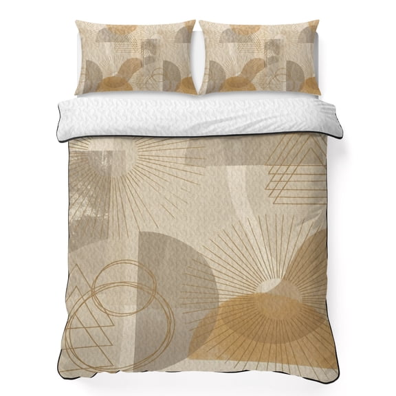 King Quilt Bedding Set, Retro Abstract Sun Geometric Art Soft Microfiber Summer Bedspread Coverlet with 2 Pillow Shams, Stripe Color Block on Linen Breathable Bedding Set for Hot Sleepers