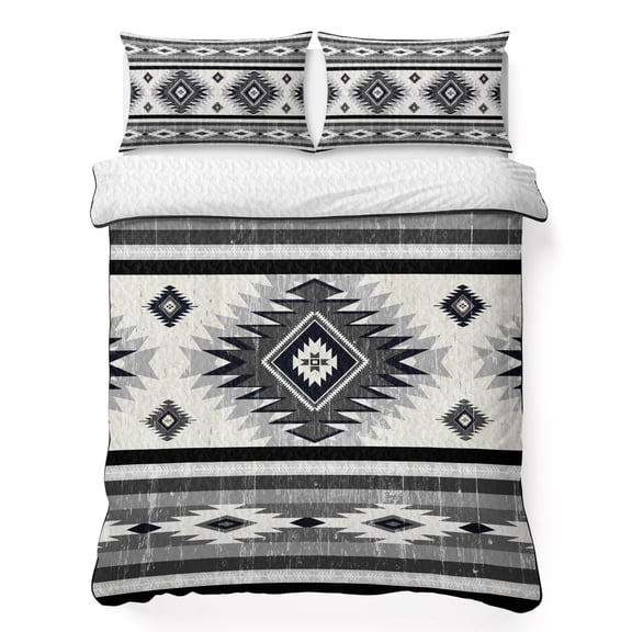 King Quilt Bedding Set, Retro Aztec Ethnic Style Soft Microfiber Summer Bedspread Coverlet with 2 Pillow Shams for All Season, Abstract Geometric Breathable Bedding Set for Hot Sleepers
