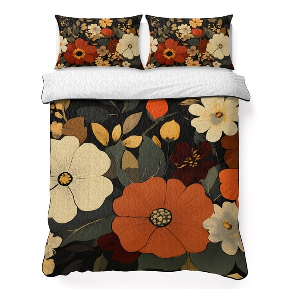 King Quilt Bedding Set Retro Blooming Floral Leaves Plant Summer Quilt Lightweight Quilted Coverlet with 2 Pillow Shams, Colorful Flower on Black 3-Piece Bedspread Quilt Set for All Season