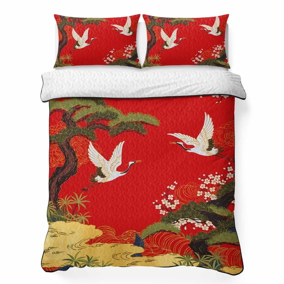 King Quilt Bedding Set, Retro Crane Pine Flower on Red Soft Microfiber Summer Bedspread Coverlet with 2 Pillow Shams, Asian Chinese Pastoral Scenic Breathable Bedding Set for Hot Sleepers