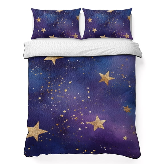King Quilt Bedding Set Retro Dream Star on Purple Lightweight Summer Quilted Coverlet for Hot Sleepers, Romantic Starry Sky Breathable Soft Cooling Blanket with 2 Pillow Shams for All Season