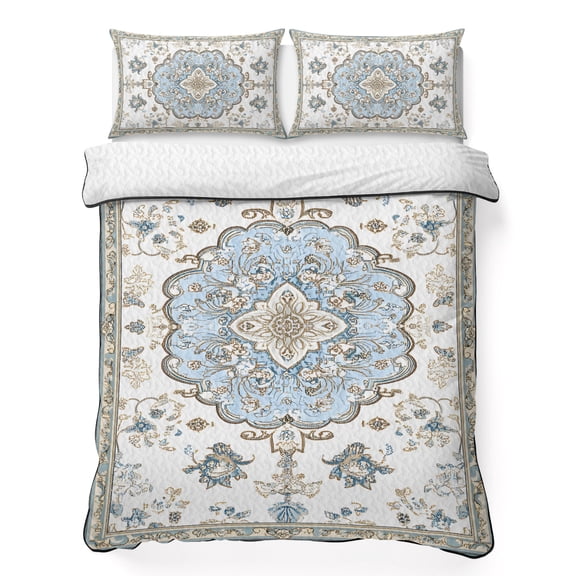 King Quilt Bedding Set Retro Ethnic Floral Summer Quilt Lightweight Quilted Coverlet with 2 Pillow Shams, Pattern Border 3-Piece Bedspread Quilt Set for All Season