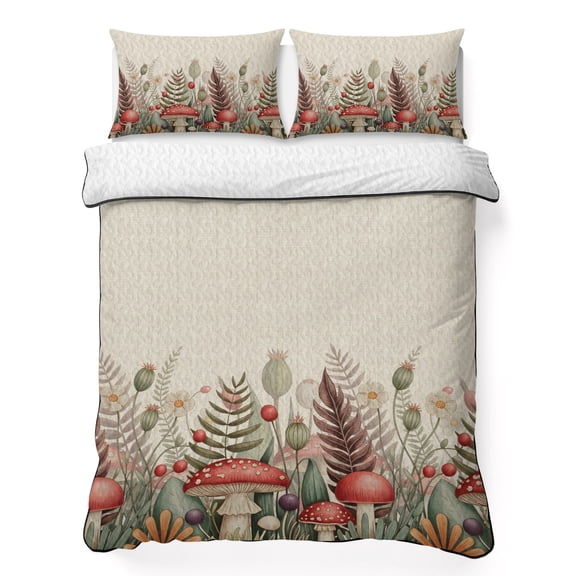 King Quilt Bedding Set Retro Farmhouse Mushroom Plant Summer Quilt Lightweight Quilted Coverlet with 2 Pillow Shams, Rustic Botanical on Linen 3-Piece Bedspread Quilt Set for All Season