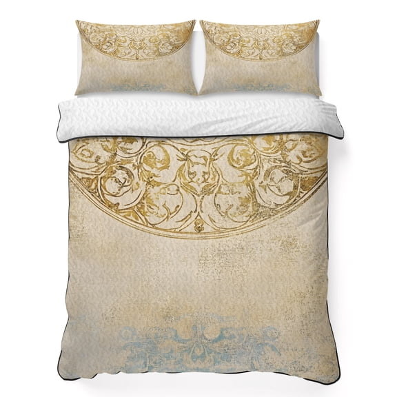 King Quilt Bedding Set Retro Floral Art Summer Quilt Lightweight Quilted Coverlet with 2 Pillow Shams, Abstract Geometric Pattern 3-Piece Bedspread Quilt Set for All Season