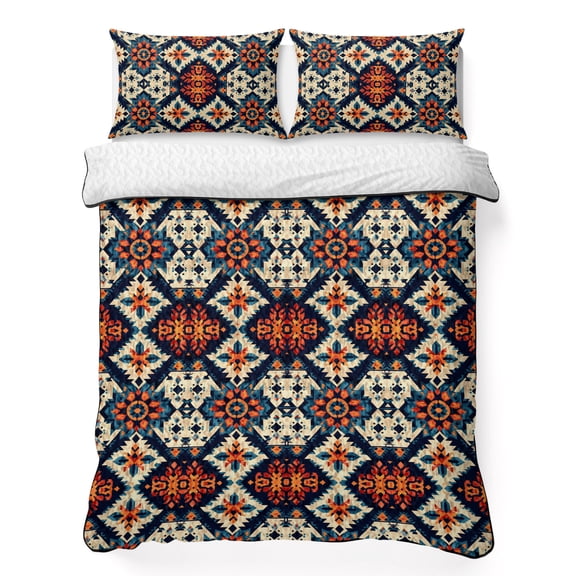 King Quilt Bedding Set, Retro Indian Ethnic Style Soft Microfiber Summer Bedspread Coverlet with 2 Pillow Shams for All Season, Ancient Patterns Breathable Bedding Set for Hot Sleepers