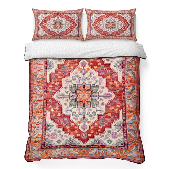 King Quilt Bedding Set Retro Medieval Turkish Pattern Summer Quilt Lightweight Quilted Coverlet with 2 Pillow Shams, Classic Ethnic Flower 3-Piece Bedspread Quilt Set for All Season