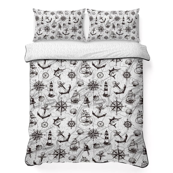 King Quilt Bedding Set, Retro Nautical Anchor Lighthouse Soft Microfiber Summer Bedspread Coverlet with 2 Pillow Shams for All Season, Black White Compass Map Breathable Bedding Set for Hot Sleepers
