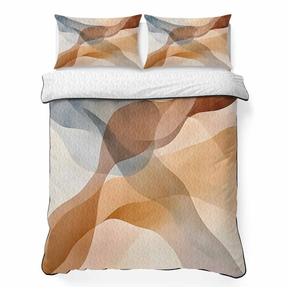 King Quilt Bedding Set, Retro Ombre Blue Brown Waves Soft Microfiber Summer Bedspread Coverlet with 2 Pillow Shams, Abstract Water Ripple Seamless Breathable Bedding Set for Hot Sleepers