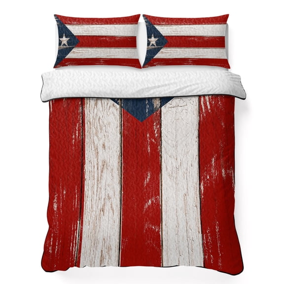 King Quilt Bedding Set Retro Puerto Rico Flag Breathable Summer Cooling Blanket for Hot Sleepers, Rustic Wooden Texture Lightweight Soft Bedding Set with 2 Pillow Shams for All Season
