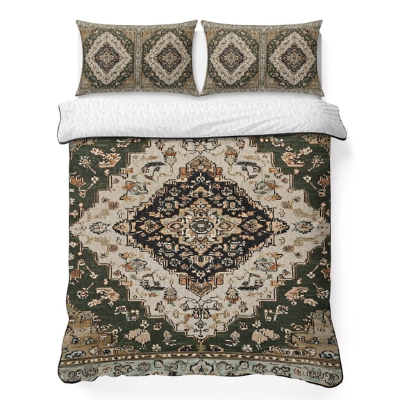 King Quilt Bedding Set Retro Traditional Turkish Floral Pattern Summer Quilt Lightweight Quilted Coverlet with 2 Pillow Shams, Vintage Medieval Art 3-Piece Bedspread Quilt Set for All Season