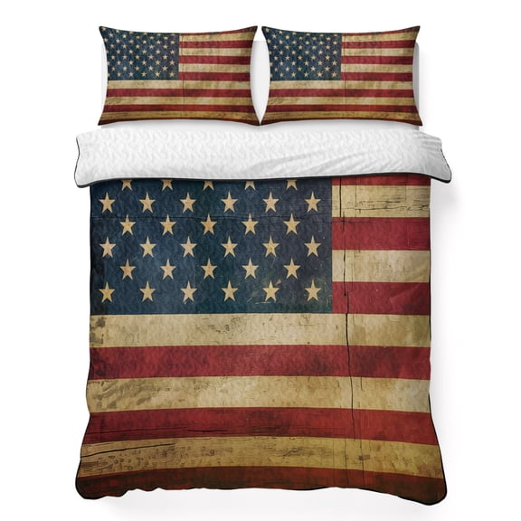 King Quilt Bedding Set Retro USA Flag Stars and Stripes Summer Quilt Lightweight Quilted Coverlet with 2 Pillow Shams, Independence Day Patriotic 3-Piece Bedspread Quilt Set for All Season