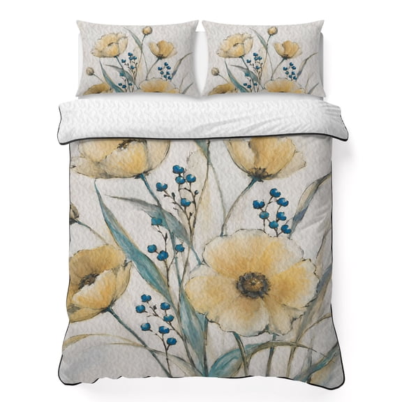 King Quilt Bedding Set, Retro Watercolor Yellow Flower 3 Piece Bedding Set Lightweight Breathable Quilt with 2 Pillow Shams, Rustic Poppies Blue Berry Soft Microfiber Summer Comforter