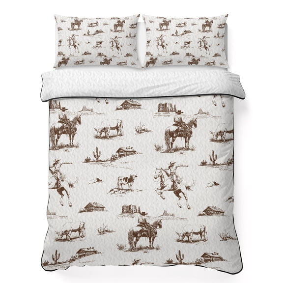 King Quilt Bedding Set, Retro Western Cowboy Soft Microfiber Summer Bedspread Coverlet with 2 Pillow Shams for All Season, Desert Horse Cactus Breathable Bedding Set for Hot Sleepers