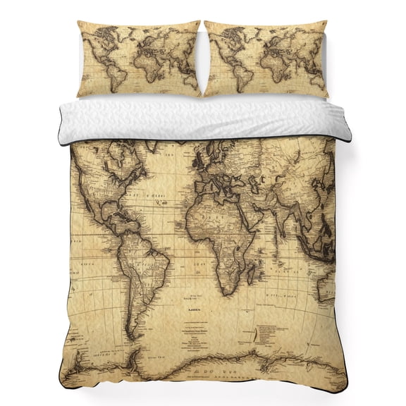 King Quilt Bedding Set, Retro Yellow World Map North America Asia Soft Microfiber Summer Bedspread Coverlet with 2 Pillow Shams for All Season, Pacific Plate Breathable Bedding Set for Hot Sleepers