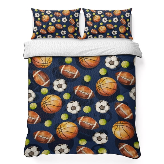 King Quilt Bedding Set Rugby Football Tennis on Blue Breathable Summer Cooling Blanket for Hot Sleepers, Funny Ball Sports Lightweight Soft Bedding Set with 2 Pillow Shams for All Season