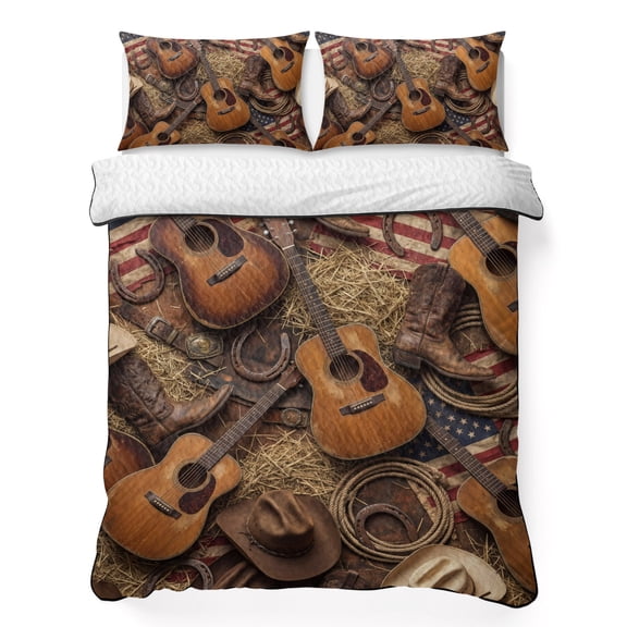 King Quilt Bedding Set Rustic Acoustic Guitars Cowboy Hats Summer Quilt Lightweight Quilted Coverlet with 2 Pillow Shams, Vintage Country Music 3-Piece Bedspread Quilt Set for All Season