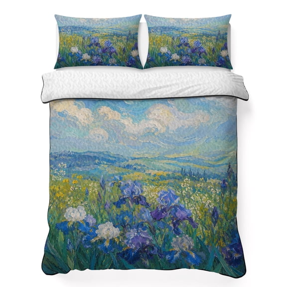 King Quilt Bedding Set, Rustic Floral Blossom Irises Soft Microfiber Summer Bedspread Coverlet with 2 Pillow Shams, Country Field Oil Painting Art Breathable Bedding Set for Hot Sleepers