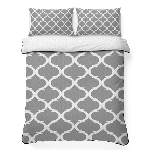 King Quilt Bedding Set, Rustic Morocco Lattice Pattern Soft Microfiber Summer Bedspread Coverlet with 2 Pillow Shams for All Season, Modern Gray Breathable Bedding Set for Hot Sleepers