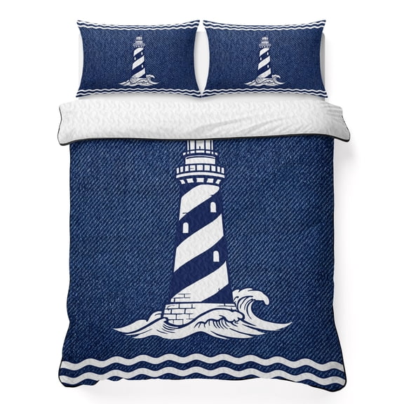 King Quilt Bedding Set, Rustic Nautical Lighthouse Blue Soft Microfiber Summer Bedspread Coverlet with 2 Pillow Shams, Classic Denim Marine Theme Breathable Bedding Set for Hot Sleepers