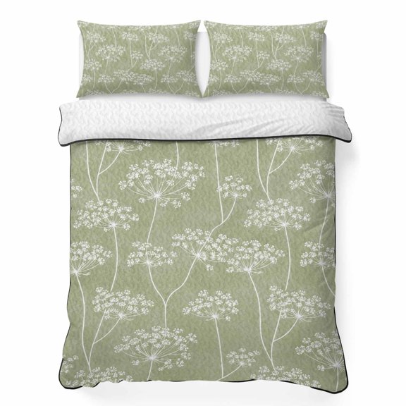 King Quilt Bedding Set, Sage Green Dandelion Flower 3 Piece Bedding Set Lightweight Breathable Quilt with 2 Pillow Shams, Country Plant Soft Microfiber Summer Comforter for Hot Sleepers