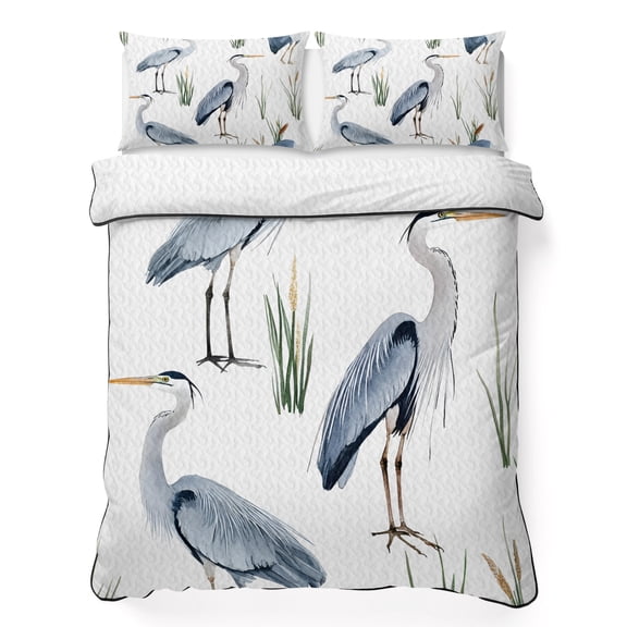 King Quilt Bedding Set Sea Bird Seabird Heron on White Summer Quilt Lightweight Quilted Coverlet with 2 Pillow Shams, Long-beaked Heron 3-Piece Bedspread Quilt Set for All Season