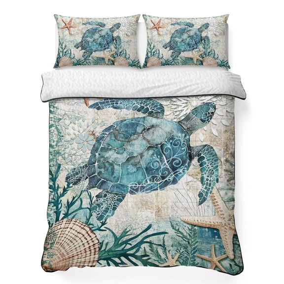 King Quilt Bedding Set, Sea Turtle Starfish Shell Coral Soft Microfiber Summer Bedspread Coverlet with 2 Pillow Shams for All Season, Summer Ocean Animal Breathable Bedding Set for Hot Sleepers