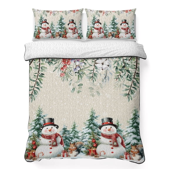 King Quilt Bedding Set Snowman Christmas Tree Berry Pinecone Summer Quilt Lightweight Quilted Coverlet with 2 Pillow Shams, White Snow Retro Linen 3-Piece Bedspread Quilt Set for All Season