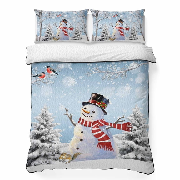 King Quilt Bedding Set, Snowman Christmas Tree Blue Gradient 3 Piece Bedding Set Lightweight Breathable Quilt with 2 Pillow Shams, Snow Branch Bird Soft Microfiber Summer Comforter for Hot Sleepers