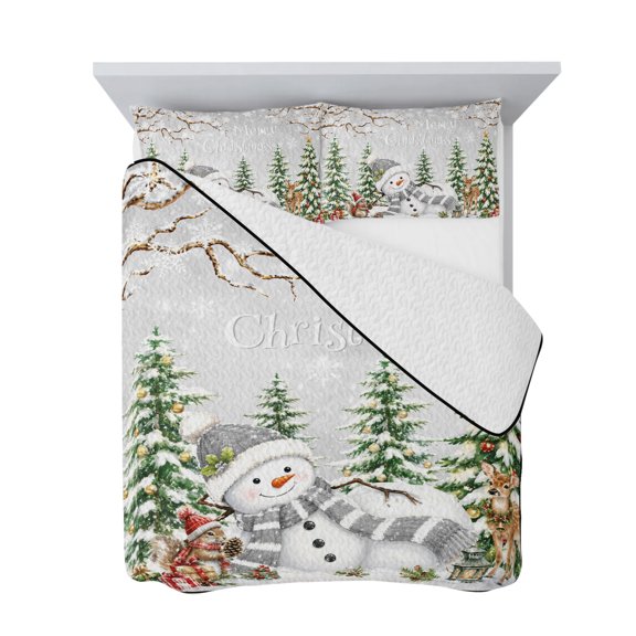 King Quilt Bedding Set, Snowman Christmas Trees Soft Microfiber Summer Bedspread Coverlet with 2 Pillow Shams for All Season, Xmas Squirrel Deer Breathable Bedding Set for Hot Sleepers