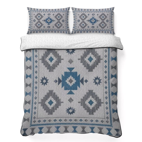 King Quilt Bedding Set Southwestern Tribal Geometric Lightweight Summer Quilted Coverlet for Hot Sleepers, Retro Aztec Blue Diamond Breathable Soft Cooling Blanket with 2 Pillow Shams for All Season