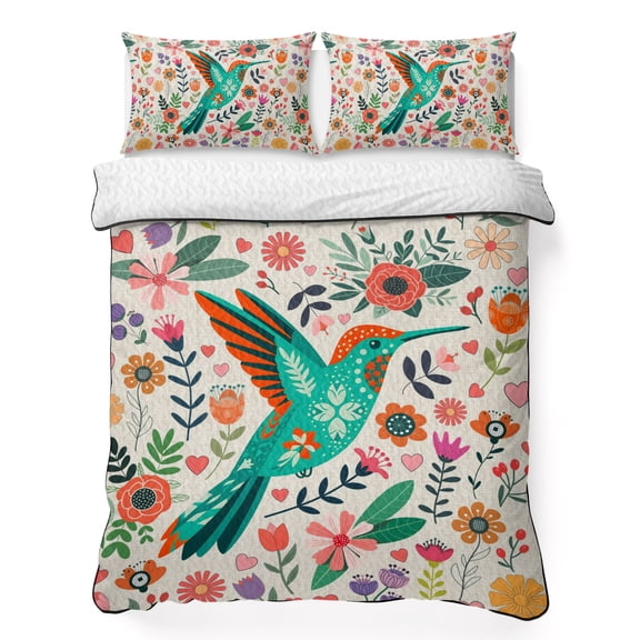 King Quilt Bedding Set, Spring Blossom Flower Hummingbird Soft Microfiber Summer Bedspread Coverlet with 2 Pillow Shams, Floral Plant on Beige Linen Breathable Bedding Set for Hot Sleepers