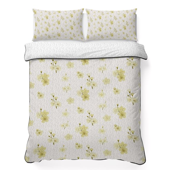 King Quilt Bedding Set Spring Yellow Cherries Flowers Breathable Summer Cooling Blanket for Hot Sleepers, Vintage Country Floral Art Lightweight Soft Bedding Set with 2 Pillow Shams for All Season