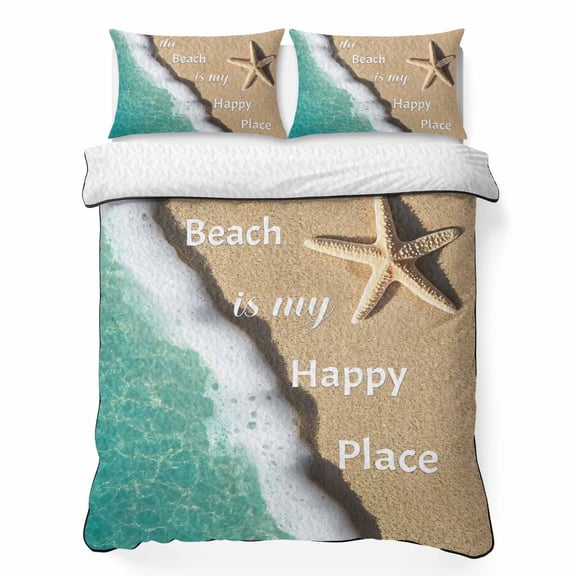 King Quilt Bedding Set Starfish Summer Beach Sand Summer Quilt Lightweight Quilted Coverlet with 2 Pillow Shams, Sea Waves Teal Gradient 3-Piece Bedspread Quilt Set for All Season