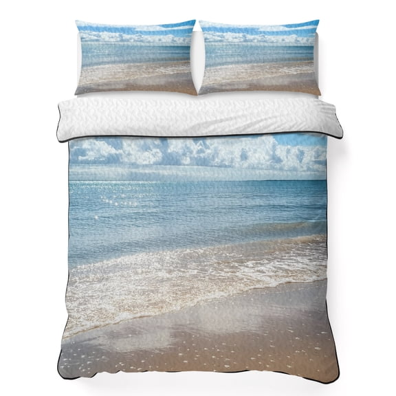 King Quilt Bedding Set Summer Beach Ocean Wave Lightweight Summer Quilted Coverlet for Hot Sleepers, Coastal Seaside Scenery Theme Breathable Soft Cooling Blanket with 2 Pillow Shams for All Season