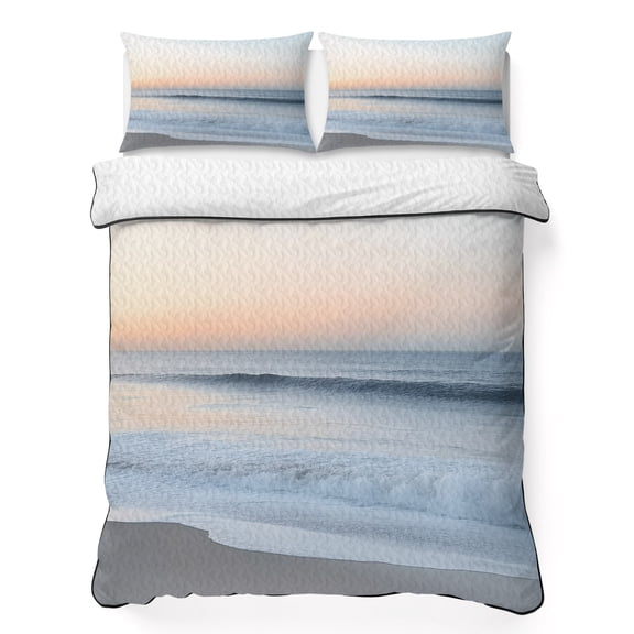 King Quilt Bedding Set Summer Beach Sunset Landscape Summer Quilt Lightweight Quilted Coverlet with 2 Pillow Shams, Ocean Water Waves 3-Piece Bedspread Quilt Set for All Season