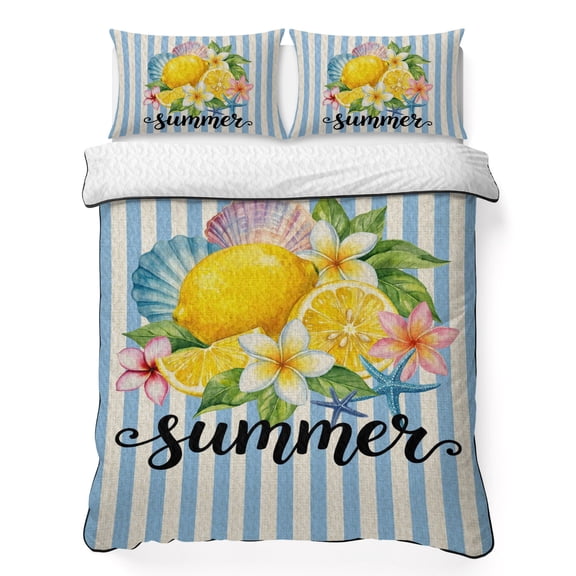 King Quilt Bedding Set Summer Carnival Flowers Sea Stars Summer Quilt Lightweight Quilted Coverlet with 2 Pillow Shams, Lemon Blue Striped 3-Piece Bedspread Quilt Set for All Season