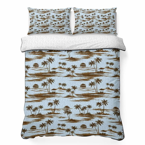 King Quilt Bedding Set, Summer Coconut Tree Beach Sun Soft Microfiber Summer Bedspread Coverlet with 2 Pillow Shams for All Season, Retro Blue Breathable Bedding Set for Hot Sleepers