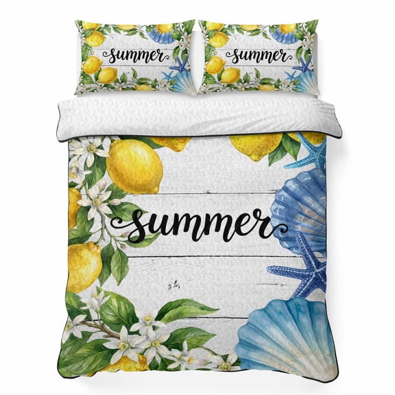 King Quilt Bedding Set, Summer Farm Lemons Flowers Soft Microfiber Summer Bedspread Coverlet with 2 Pillow Shams for All Season, Ocean Shells Sea Stars Breathable Bedding Set for Hot Sleepers