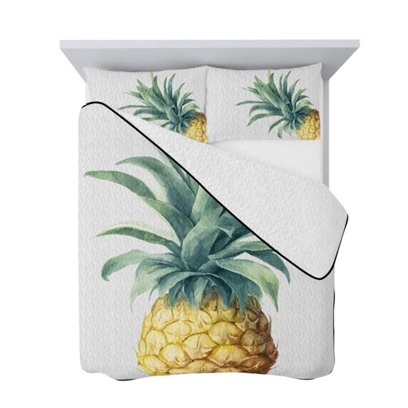 King Quilt Bedding Set, Summer Farm Watercolor Pineapple Soft Microfiber Summer Bedspread Coverlet with 2 Pillow Shams for All Season, Tropical Fruits Breathable Bedding Set for Hot Sleepers