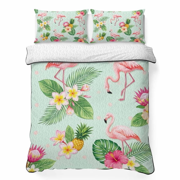 King Quilt Bedding Set, Summer Flamingos Tropical Leaf Soft Microfiber Summer Bedspread Coverlet with 2 Pillow Shams for All Season, Pink Flower Pineapple Breathable Bedding Set for Hot Sleepers