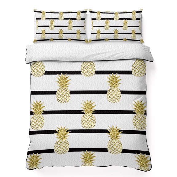 King Quilt Bedding Set Summer Gold Pineapple Black White Stripes Lightweight Summer Quilted Coverlet for Hot Sleepers, Tropical Fruit Seamless Breathable Soft Blanket with 2 Pillow Shams
