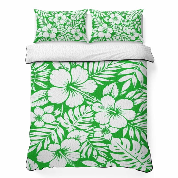 King Quilt Bedding Set, Summer Hibiscus Palm Leaf Soft Microfiber Summer Bedspread Coverlet with 2 Pillow Shams for All Season, Tropical Plant on Green Breathable Bedding Set for Hot Sleepers