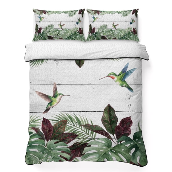 King Quilt Bedding Set, Summer Hummingbird Palm Leaf Soft Microfiber Summer Bedspread Coverlet with 2 Pillow Shams for All Season, Tropical Monstera Wood Plank Breathable Bedding Set for Hot Sleepers