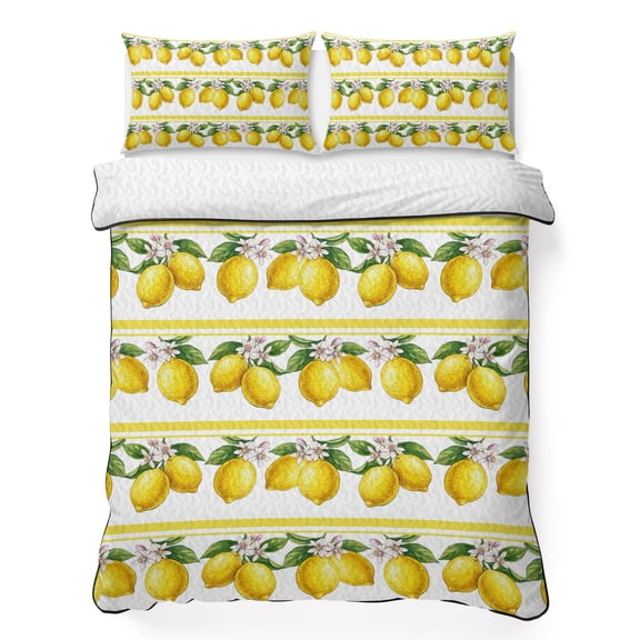 King Quilt Bedding Set, Summer Lemon Flower Leaf Soft Microfiber Summer Bedspread Coverlet with 2 Pillow Shams for All Season, Yellow Fruit Minimalist Stripe Breathable Bedding Set for Hot Sleepers