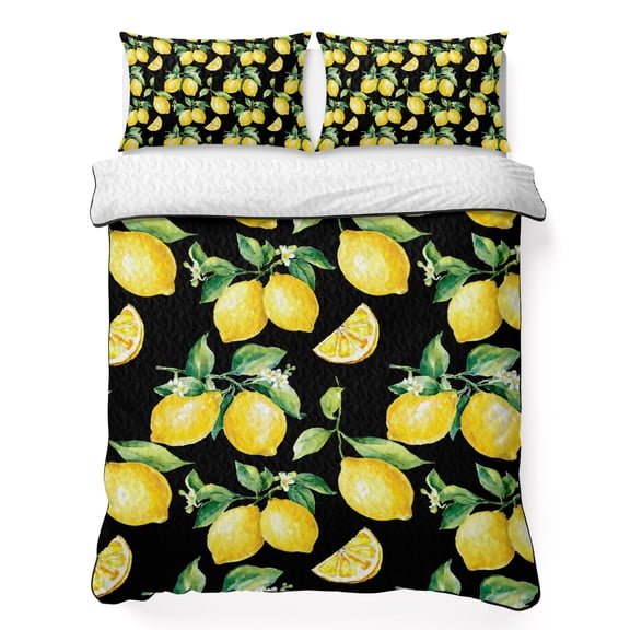 King Quilt Bedding Set, Summer Lemon Fruit Floral Soft Microfiber Summer Bedspread Coverlet with 2 Pillow Shams for All Season, Yellow on Black Breathable Bedding Set for Hot Sleepers